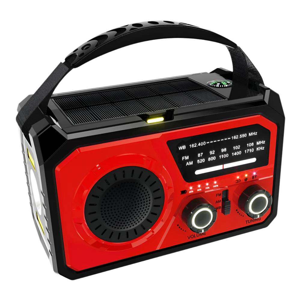 Draagbare noodradio in rood met 16000mAh batterij, zonnepaneel en LED-zaklamp, perfect voor kamperen en noodsituaties.