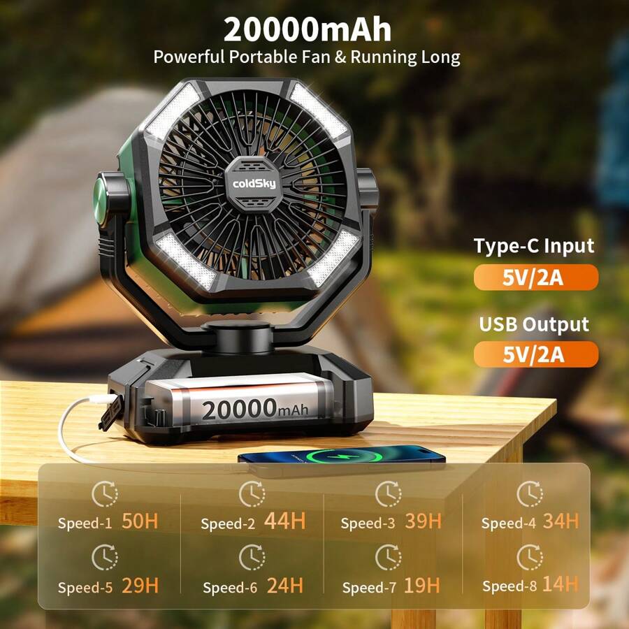 Groene campingventilator 20.000 mAh met verstelbare ventilatorkop