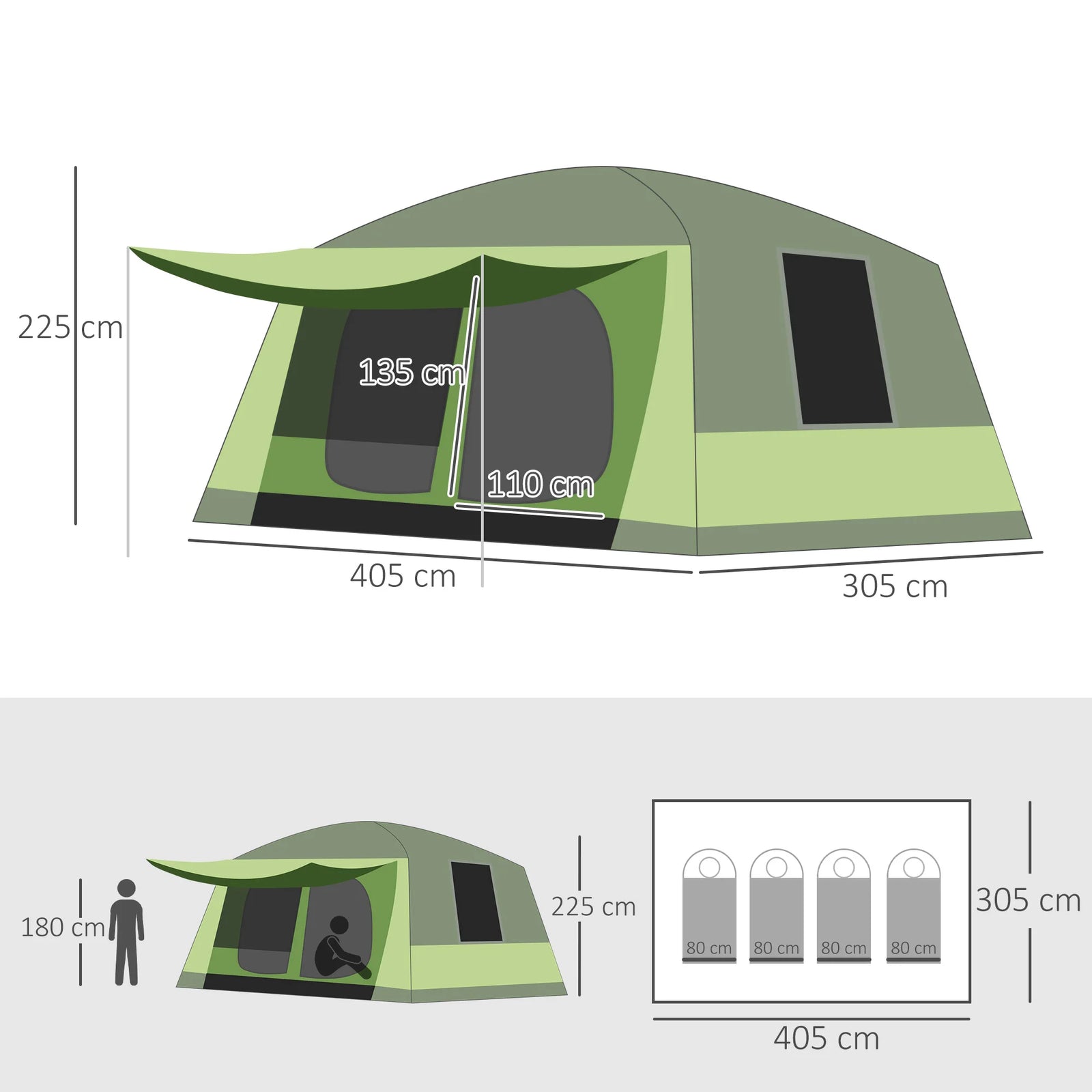 kampeertent voor 4 personen en voor 8 personen afmetingen