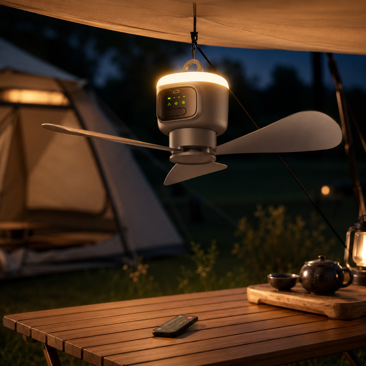 Plafondventilator - oplaadbaar met LED-lamp voor camping - 12.000 mAh