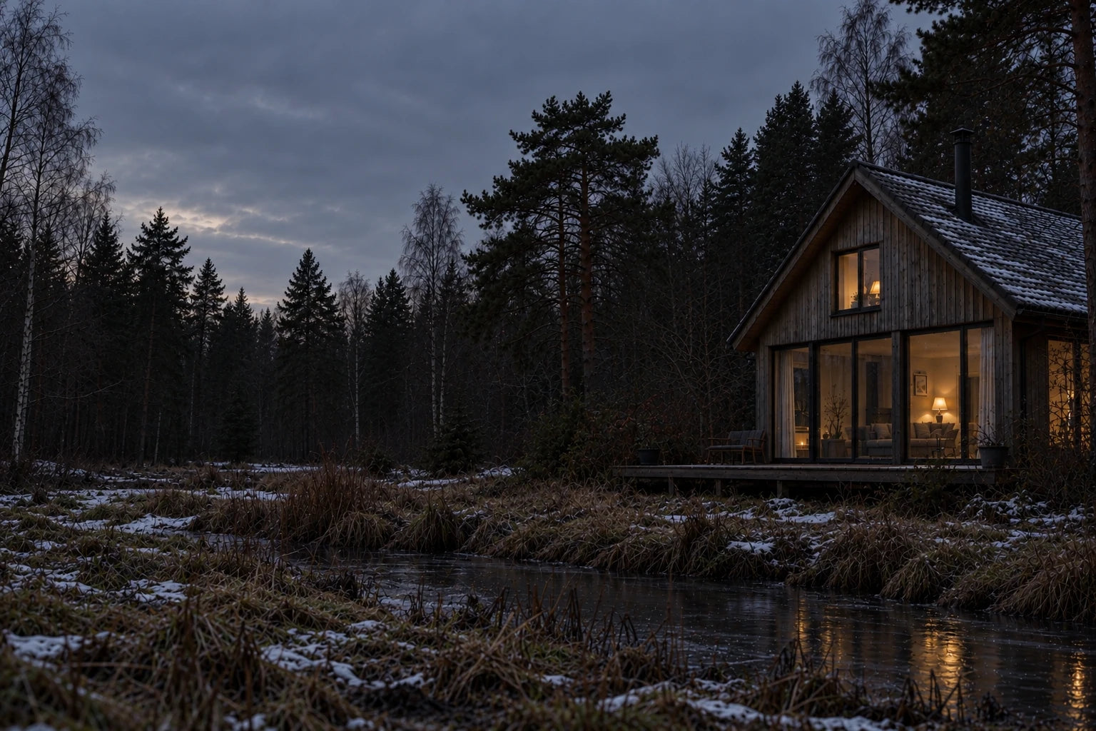 Winterse avond bij een huis aan de bosrand