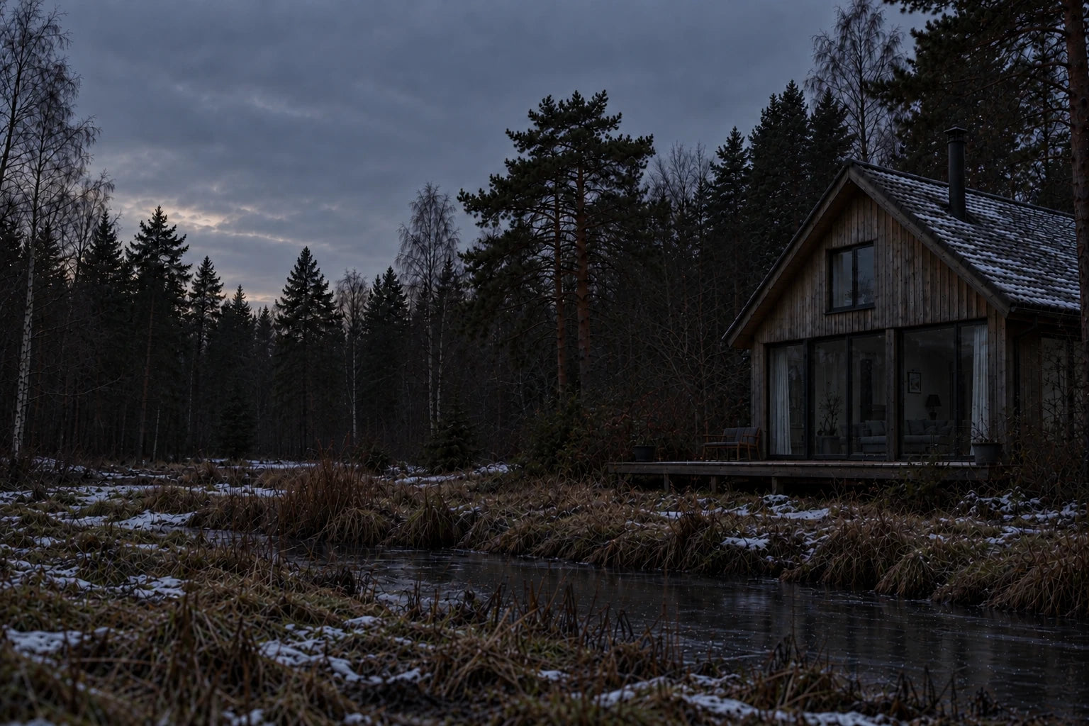Winterse avond bij een huis aan de bosrand