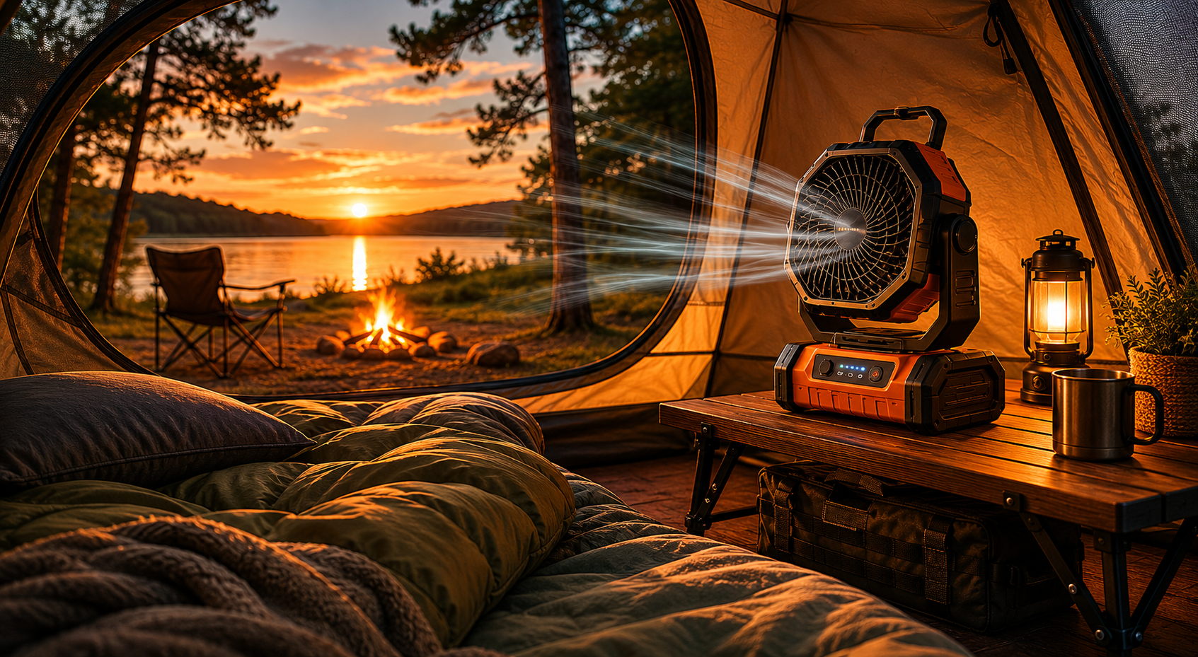 Kamperen tijdens een warme zomernacht met een ventilator in de tent