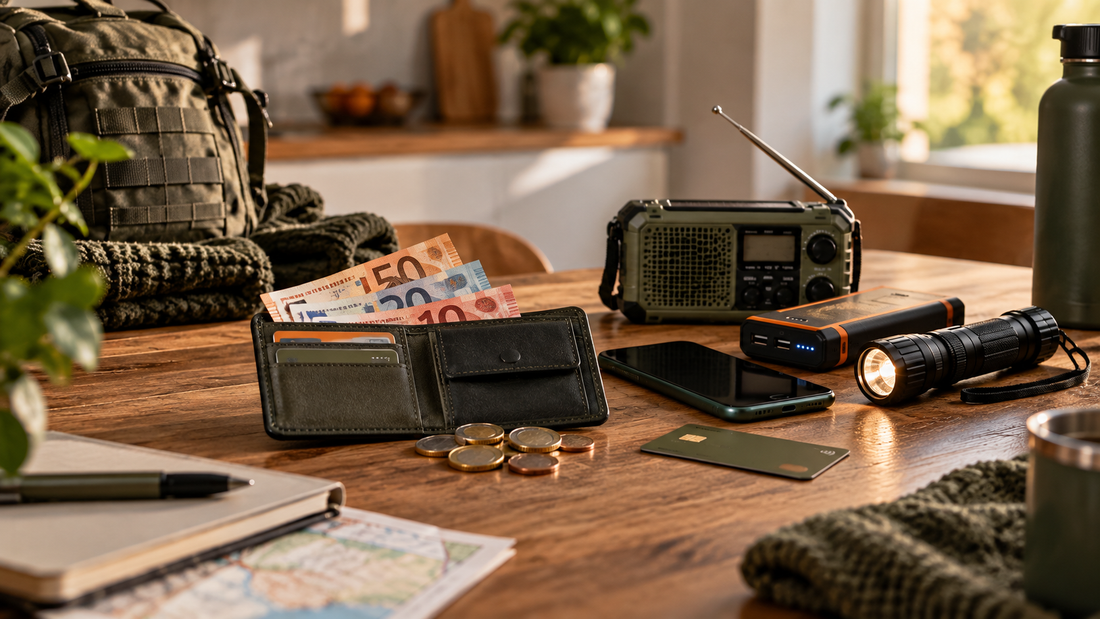 Contant geld, noodradio, powerbank en zaklamp voor een 72-uurs noodpakket