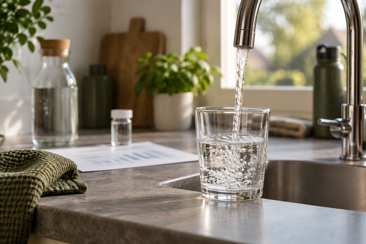 Glas kraanwater in Nederlandse keuken bij artikel over PFAS in drinkwater