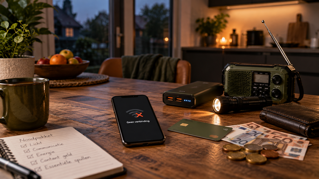 Telefoon zonder verbinding met contant geld, pinpas, powerbank en noodradio tijdens een storing