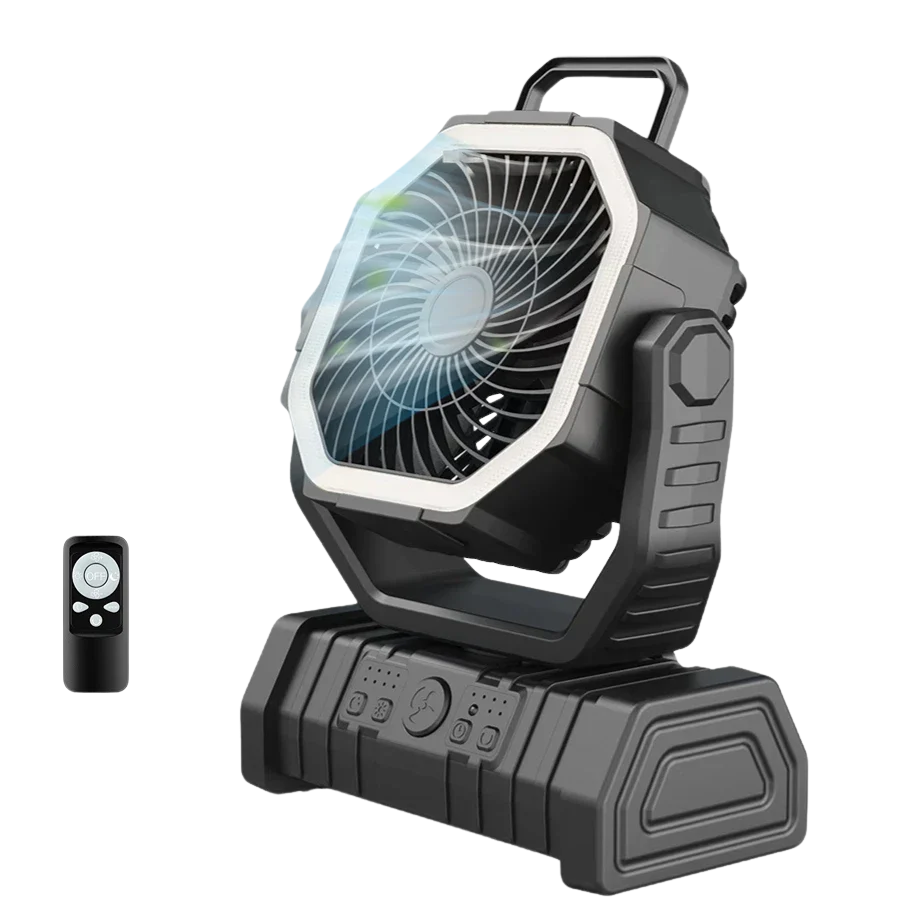 Black 20,000 mAh camping fan with remote control