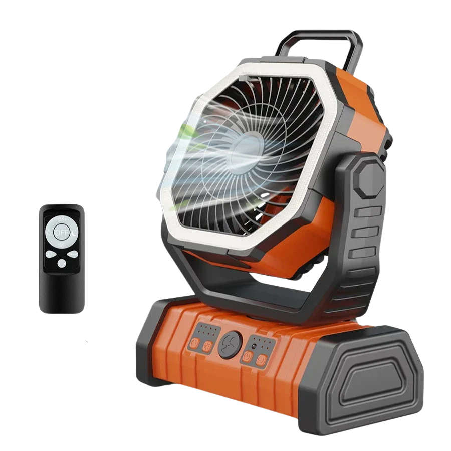 Orange 20,000 mAh camping fan with remote control