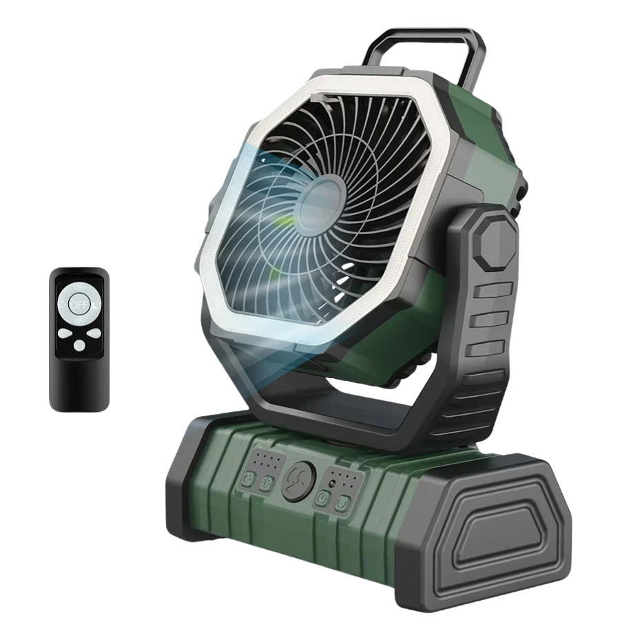 Green 20,000 mAh camping fan with remote control