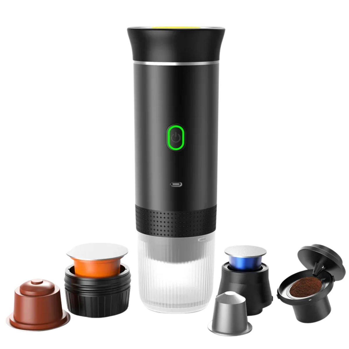 Draagbare espressomachine met verschillende capsule-adapters