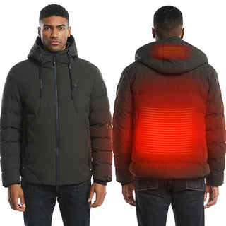 Man in legergroene verwarmde winterjas, voor- en achterkant met oplichtende verwarming op de rug