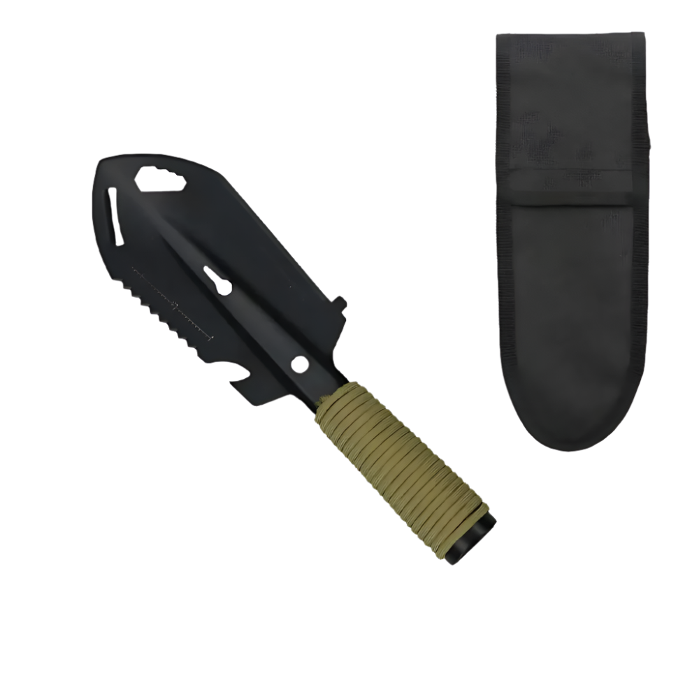 Black 7-in-1 outdoor shovel with storage pouch