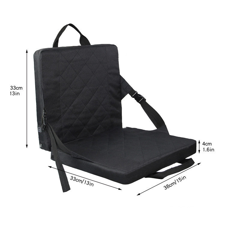 Afmetingen van het zwarte verwarmde zitje met rugleuning: 33 cm hoog, 33 × 38 cm zitting, 4 cm dik