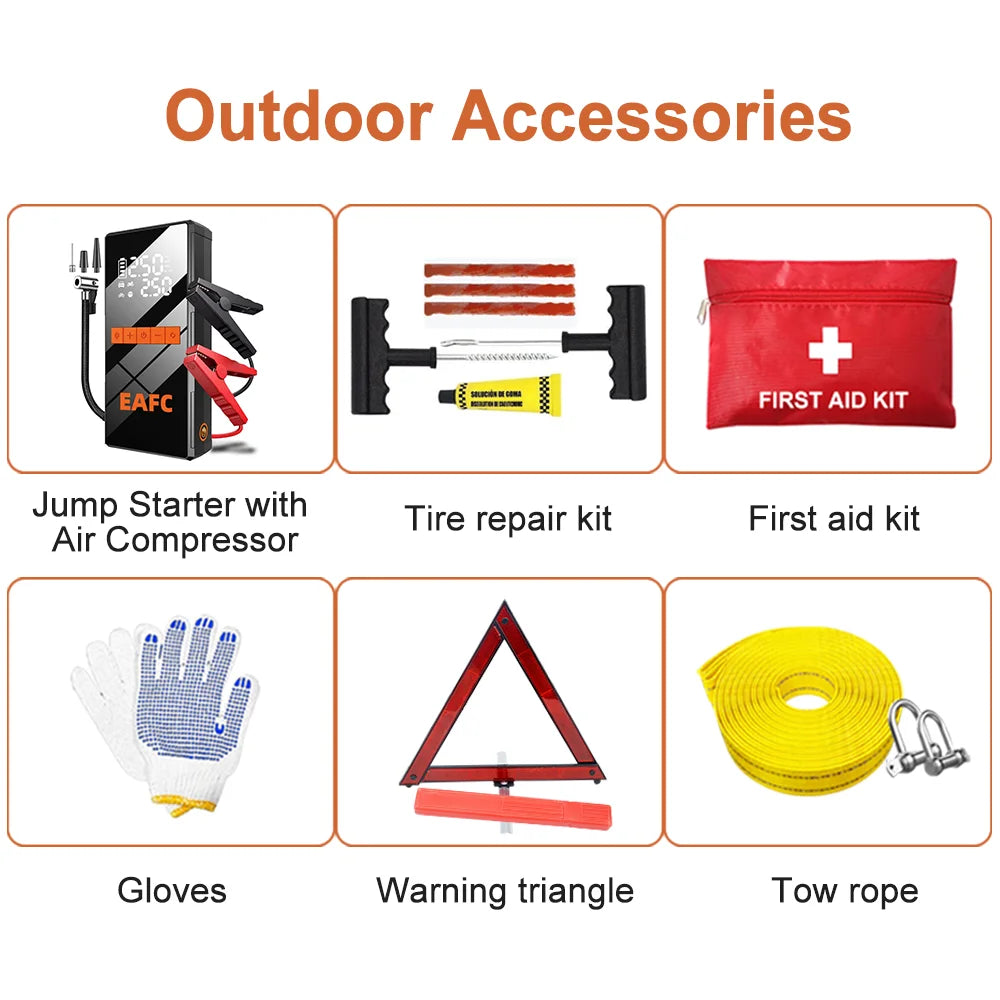Car emergency kit contents: jump starter, tow rope, warning triangle and first aid