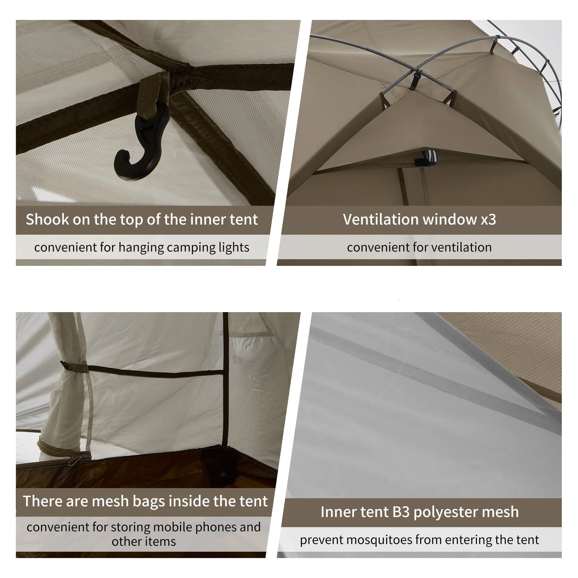 Kampeertent met ventilatie, muggen gaas, opbergzakken en een haak voor een lamp