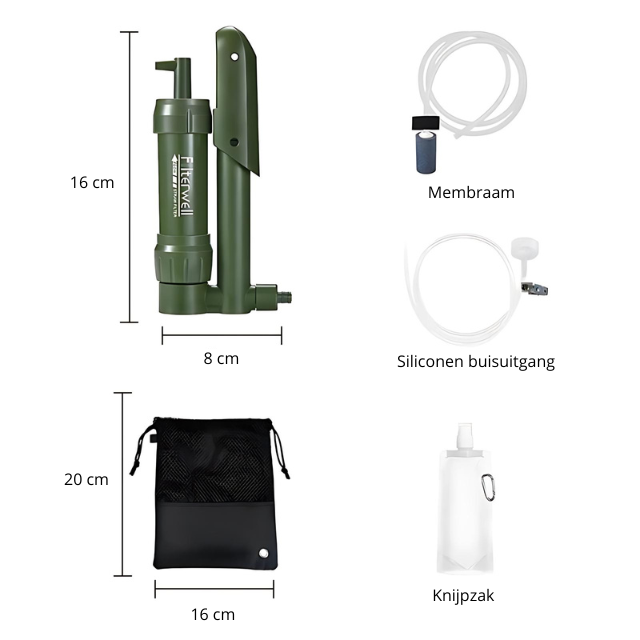 Afmetingen van Waterfilter voor noodgevallen