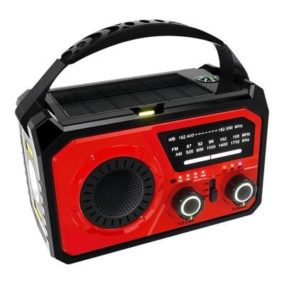 Draagbare noodradio in rood met 16000mAh batterij, zonnepaneel en LED-zaklamp, perfect voor kamperen en noodsituaties.