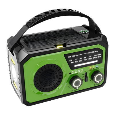 Draagbare weerradio in grijs met 16000mAh batterij, zonnepaneel en LED-zaklamp, perfect voor kamperen en noodsituaties.