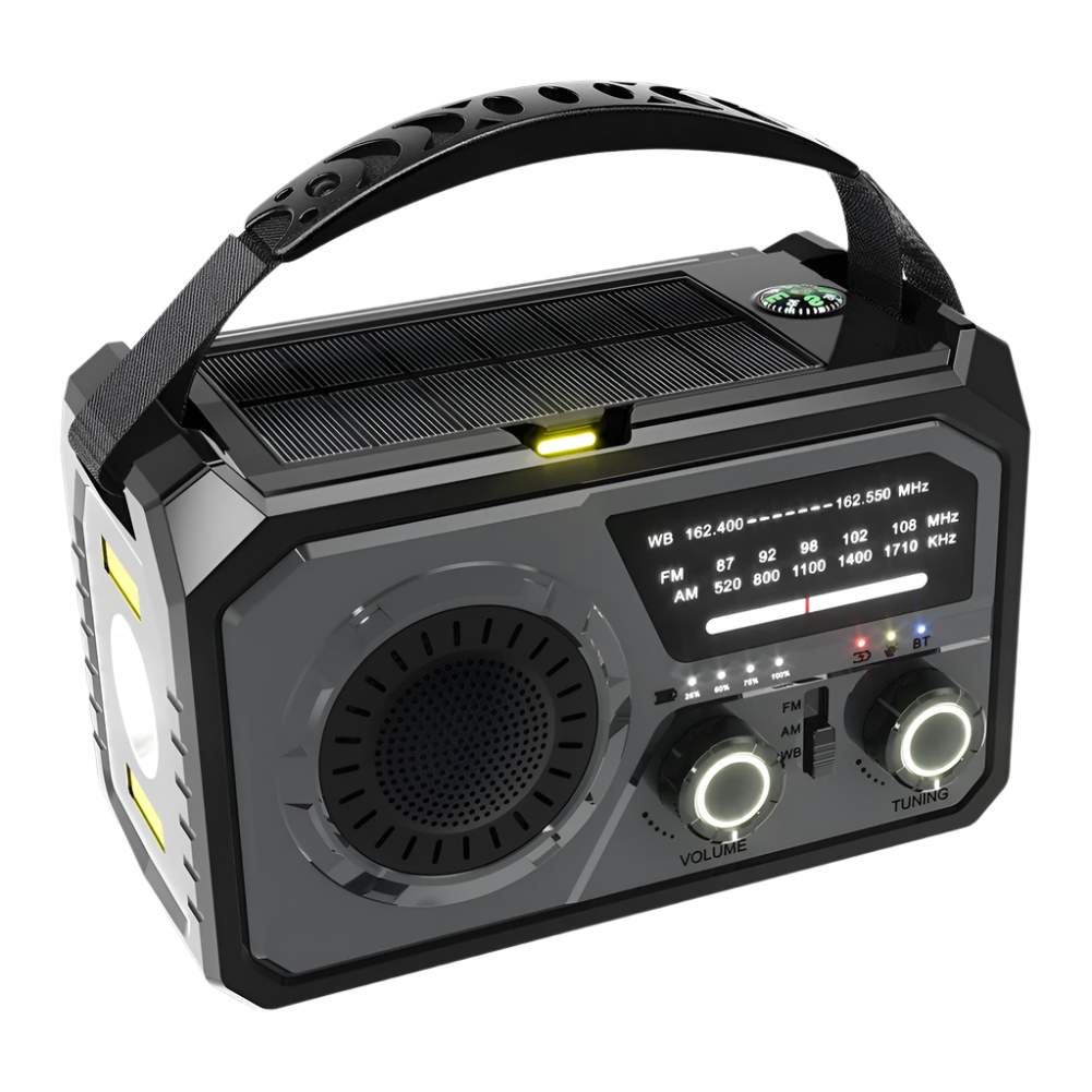 Draagbare weerradio in grijs met 16000mAh batterij, zonnepaneel en LED-zaklamp, perfect voor kamperen en noodsituaties.