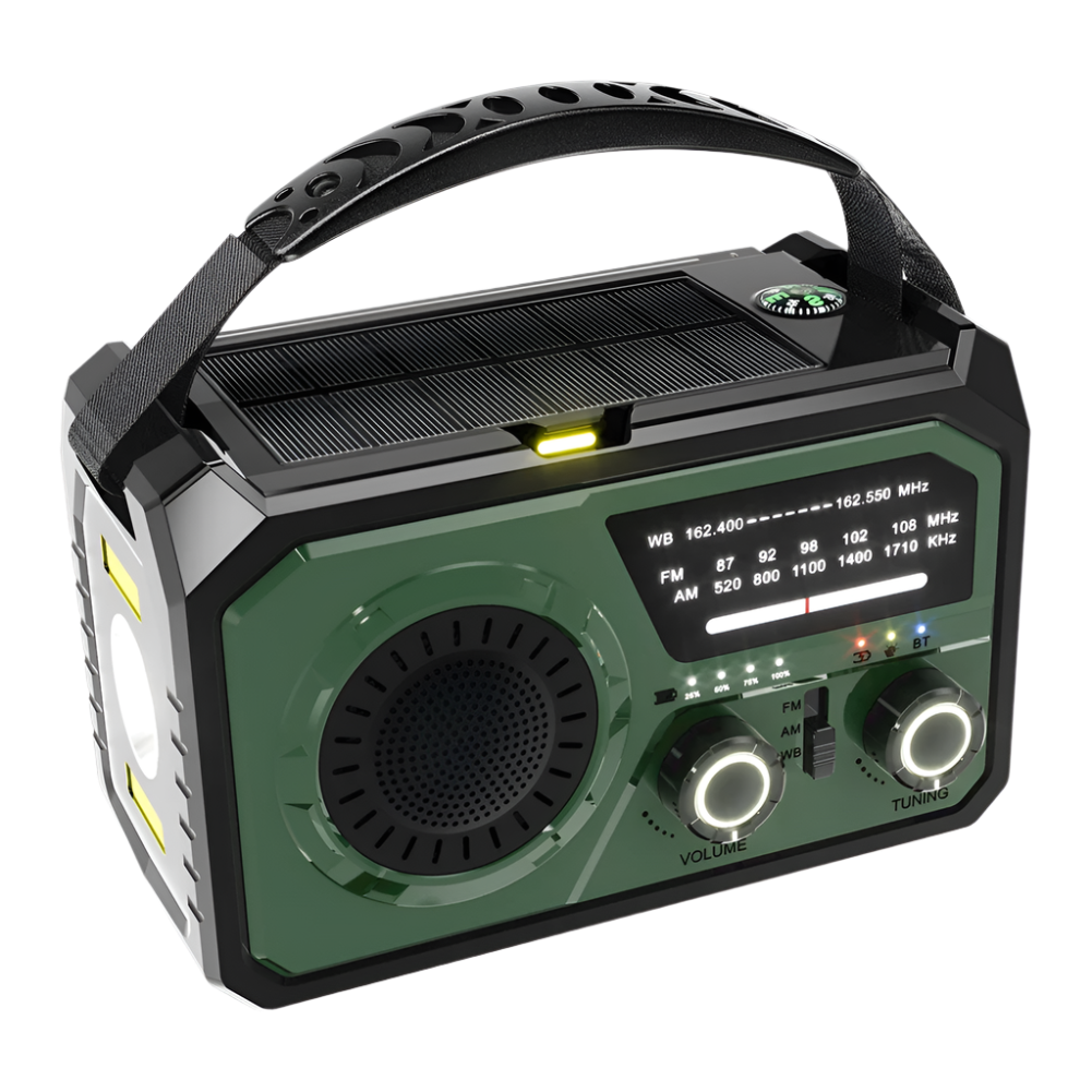 Draagbare weerradio in grijs met 16000mAh batterij, zonnepaneel en LED-zaklamp, perfect voor kamperen en noodsituaties.