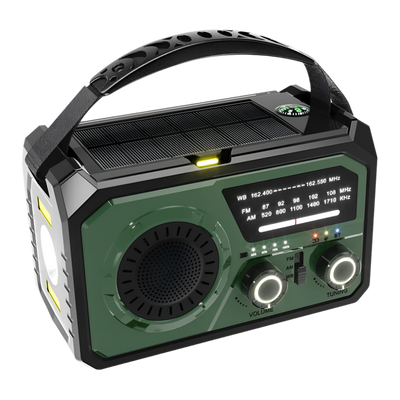 Draagbare weerradio in grijs met 16000mAh batterij, zonnepaneel en LED-zaklamp, perfect voor kamperen en noodsituaties.