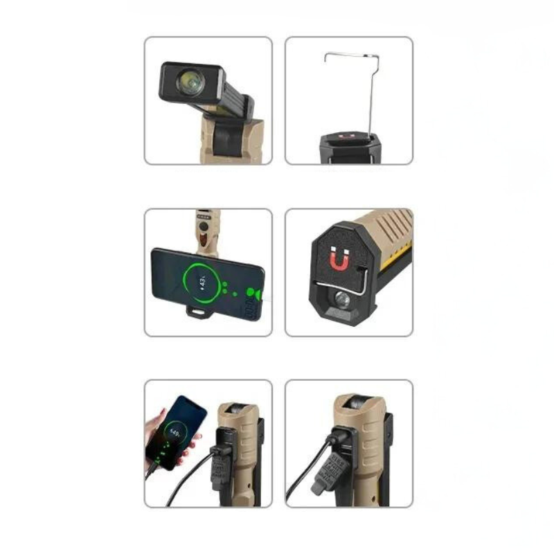 Funktionen der LED-Arbeitsleuchte: Magnet, Haken und USB-Laden