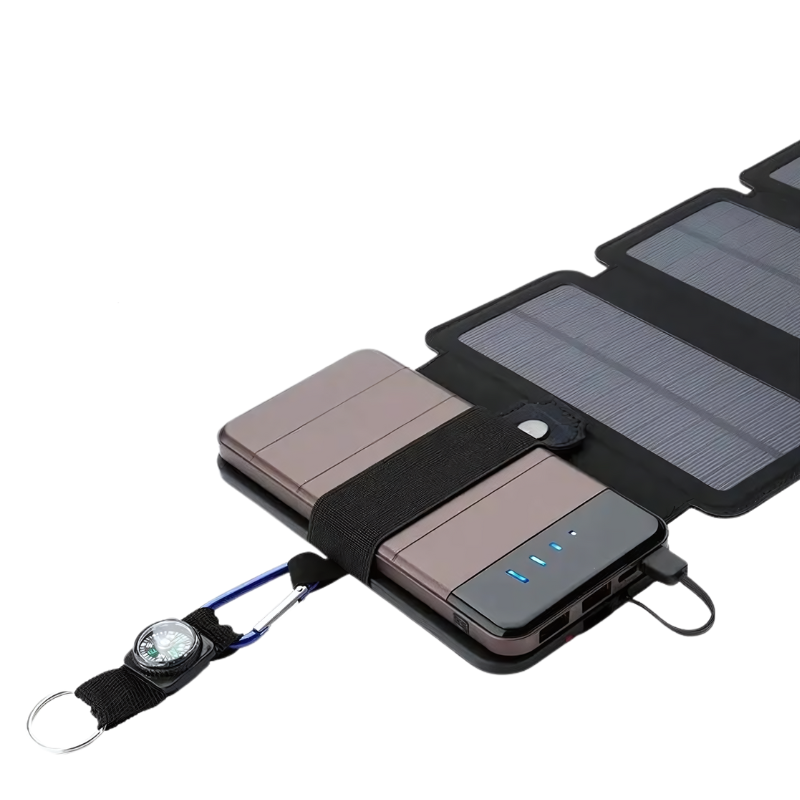 Faltbares Solarladegerät mit zwei angeschlossenen Telefonen