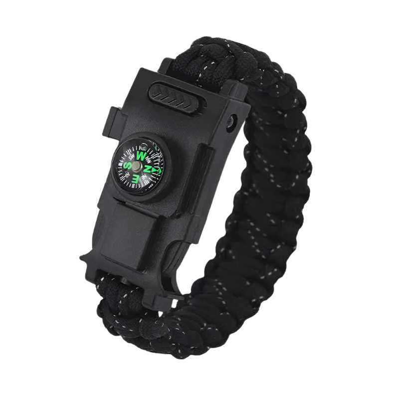 Zwarte paracord armband met kompas, fluitje en LED-lampje