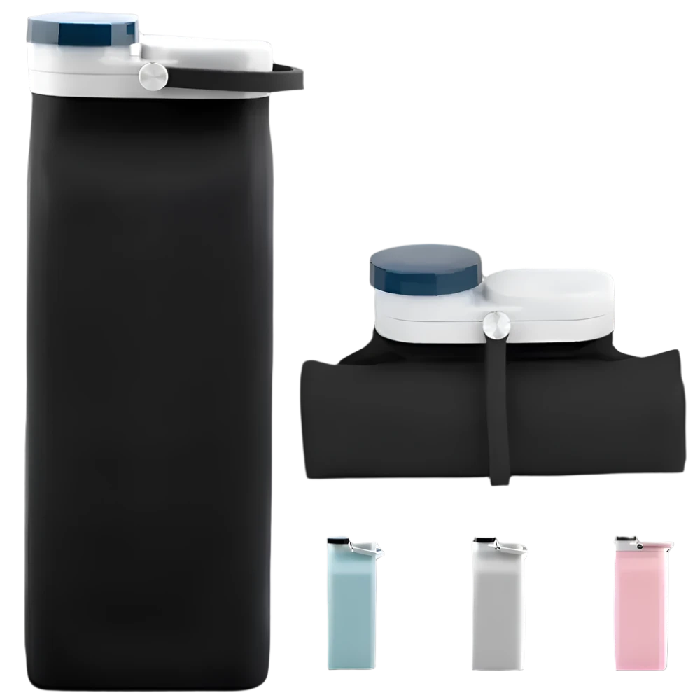 Opvouwbare 600ml siliconen waterfles in cyaan kleur, compact en lichtgewicht, perfect voor outdoor activiteiten en reizen.