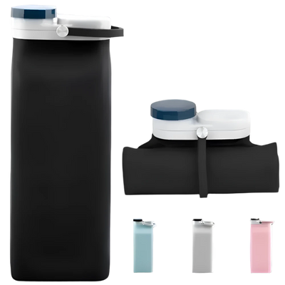 Opvouwbare 600ml siliconen waterfles in cyaan kleur, compact en lichtgewicht, perfect voor outdoor activiteiten en reizen.