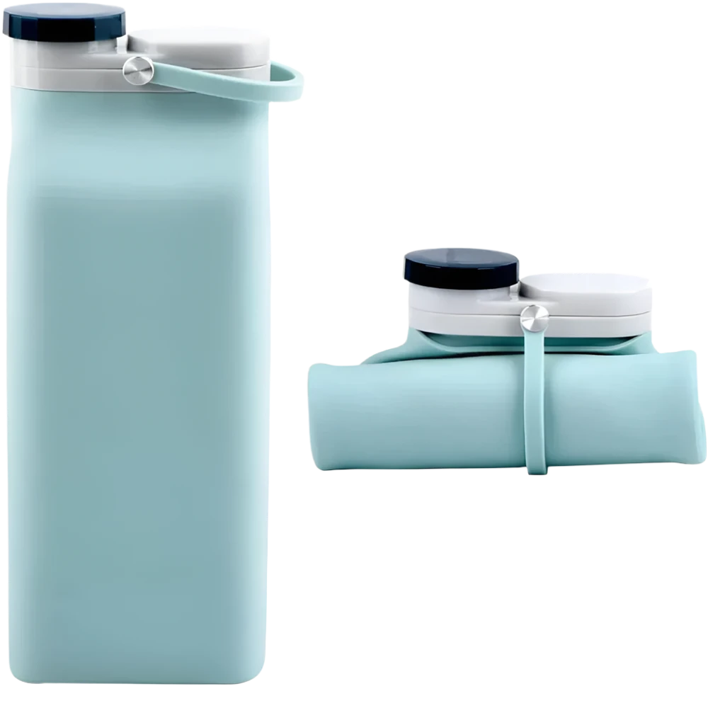 Opvouwbare siliconen waterfles 600 ml in cyaan, open en opgerold
