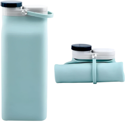 Opvouwbare 600ml siliconen waterfles in cyaan kleur, compact en lichtgewicht, perfect voor outdoor activiteiten en reizen.