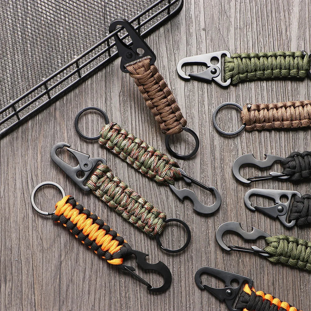 Paracord keychains in different colours on wood