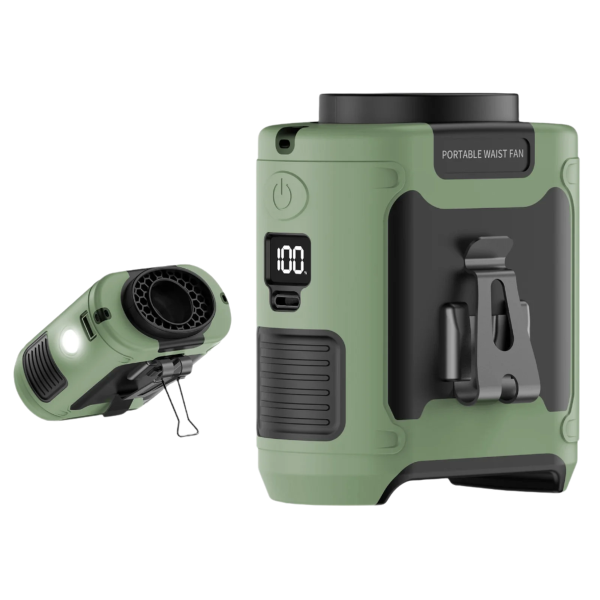 Tragbarer Ventilator mit Powerbank und Taschenlampe in Grün