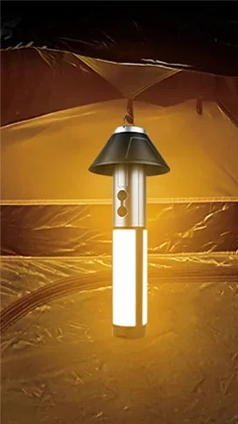 Shustar-Campinglampe hängend mit warmem Licht im Zelt