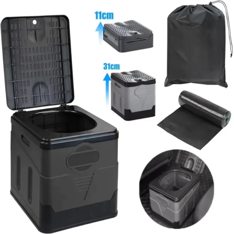 Grijs-zwart opvouwbaar noodtoilet met opbergtas, uitgeklapt 31 cm en ingeklapt 11 cm