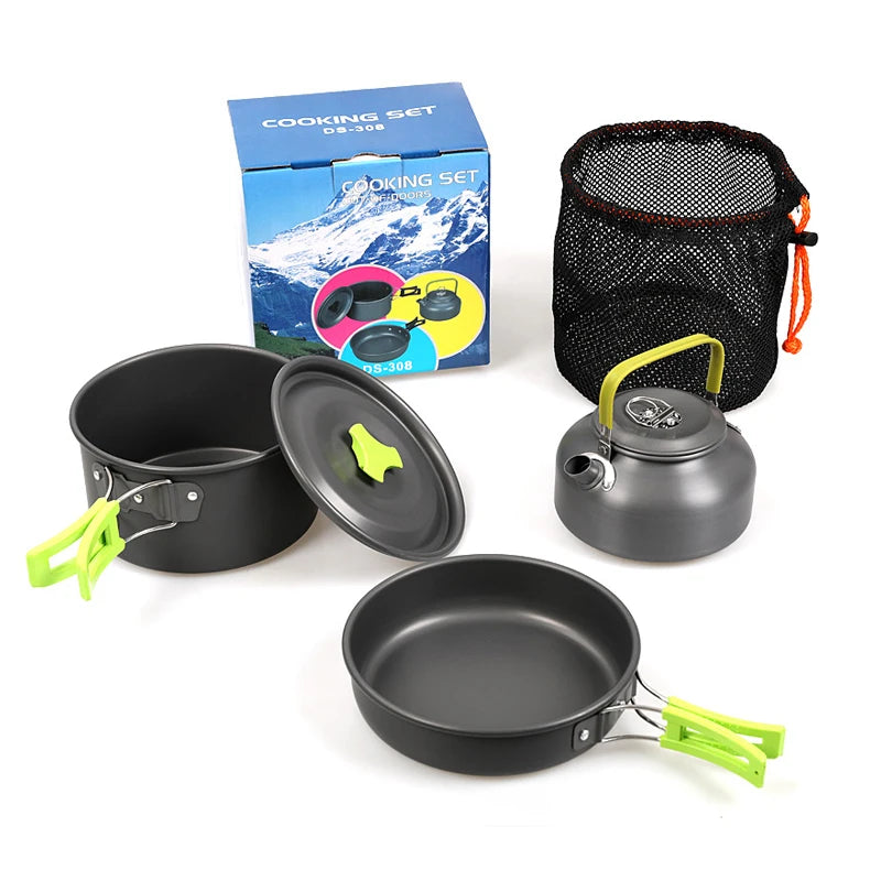Kookset met theepot, pannen en opbergzak