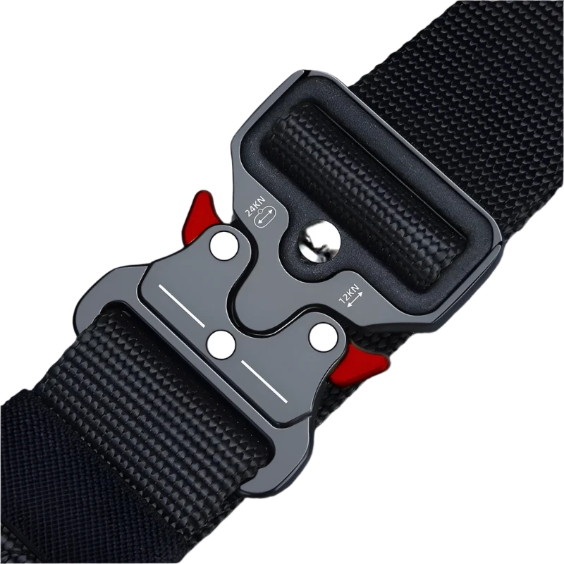 Close-up of the tactical belt's metal quick-release buckle