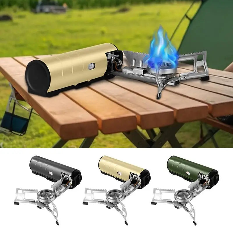 Campingkooktoestel in drie kleuren op een picknicktafel