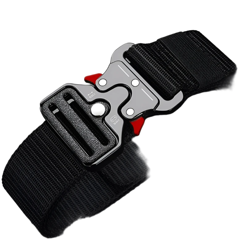 Opened quick-release buckle of the black tactical belt