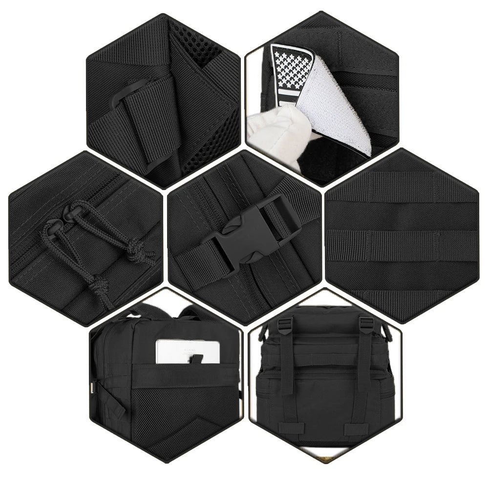 Details van ritsen, gespen en stof van de Buck Out Bag 50L