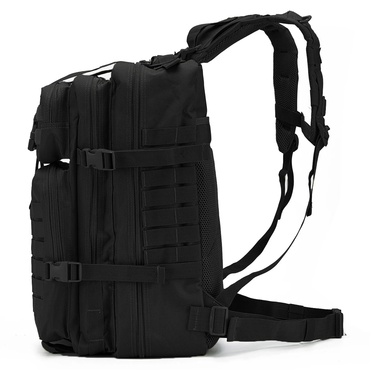 Zijkant van de zwarte Buck Out Bag 50L met compressieriemen