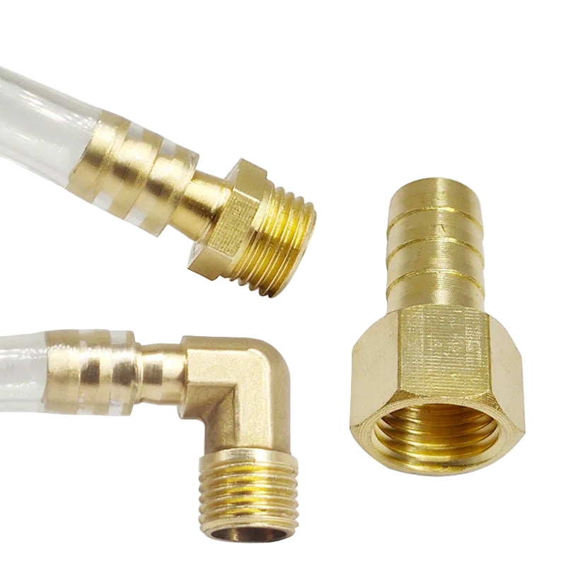Brass right-angle fitting with male thread on a hose