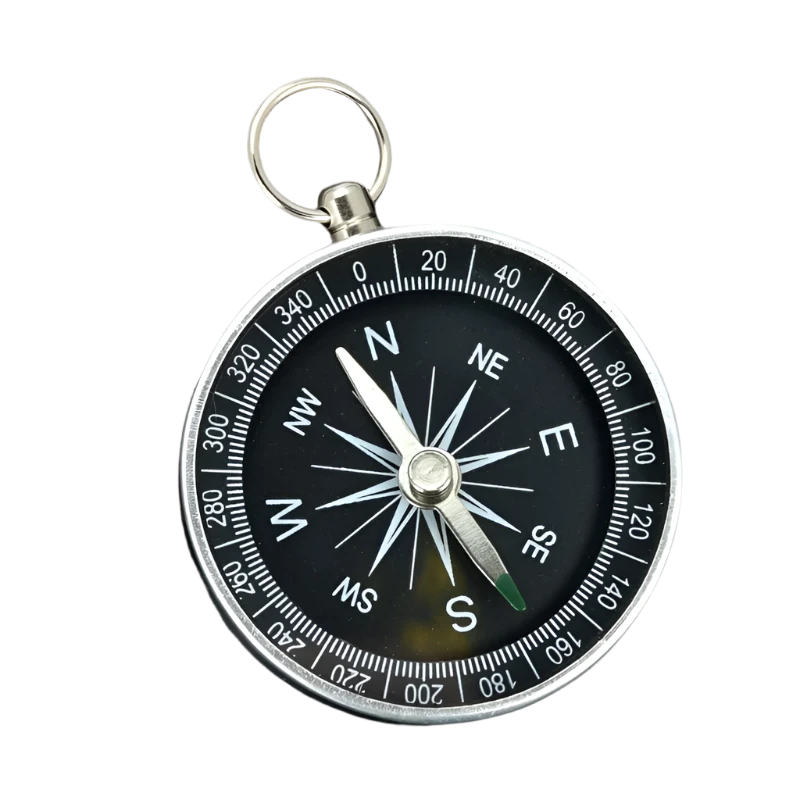Portable emergency compass with metal ring