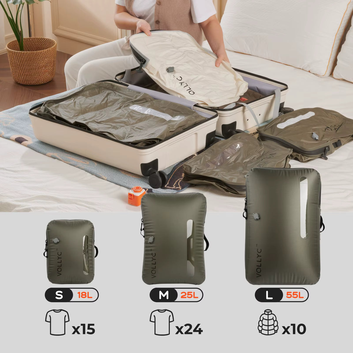 VOLLYC Vacuümzak voor kleding 18–55 liter – herbruikbare reiszak