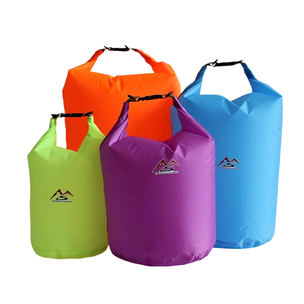 Waterdichte tassen van 70 liter in oranje, paars, blauw en groen