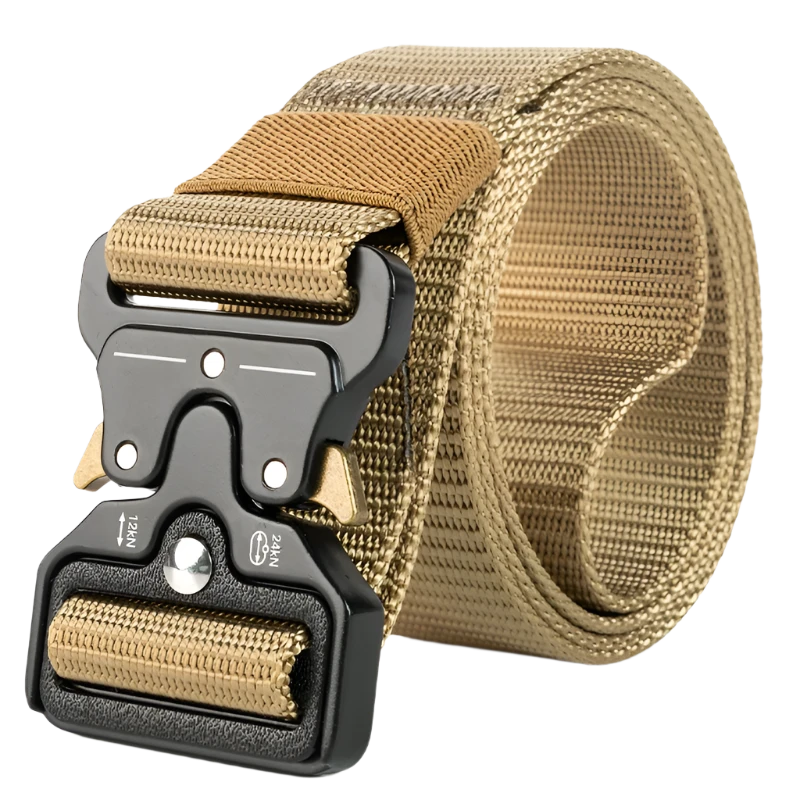Beige nylon tactical belt with metal quick-release buckle