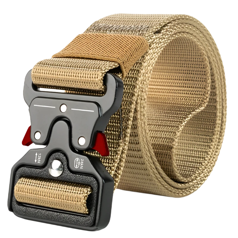 Beige tactical belt with red accents on the buckle