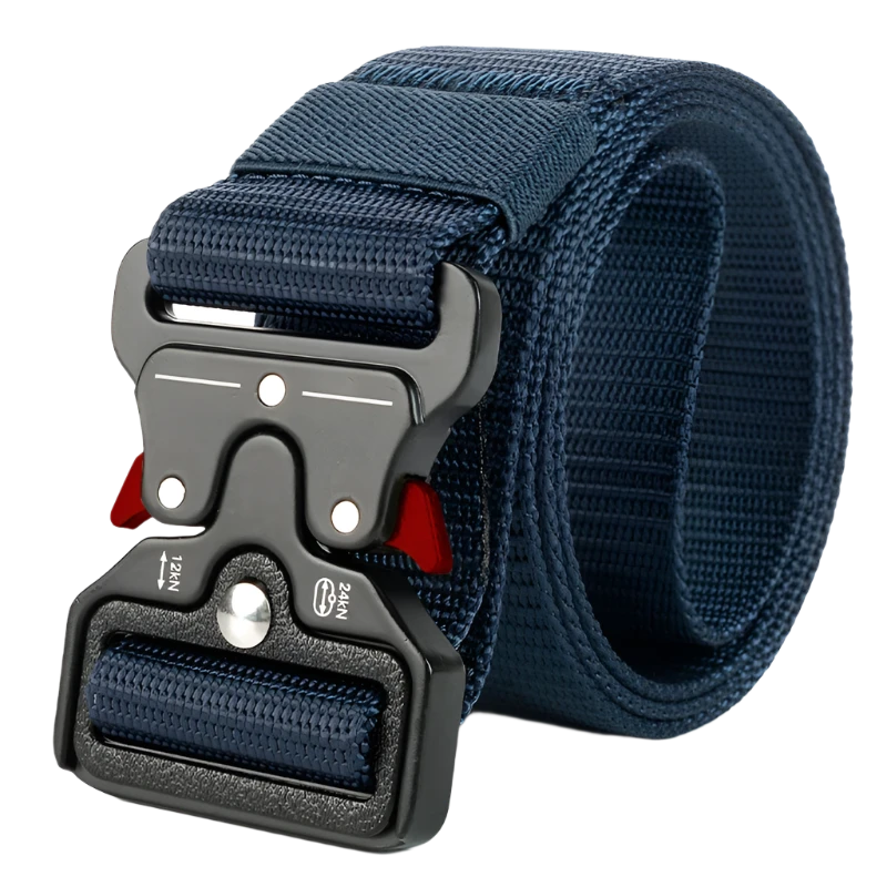 Blue tactical belt with red accents on the buckle