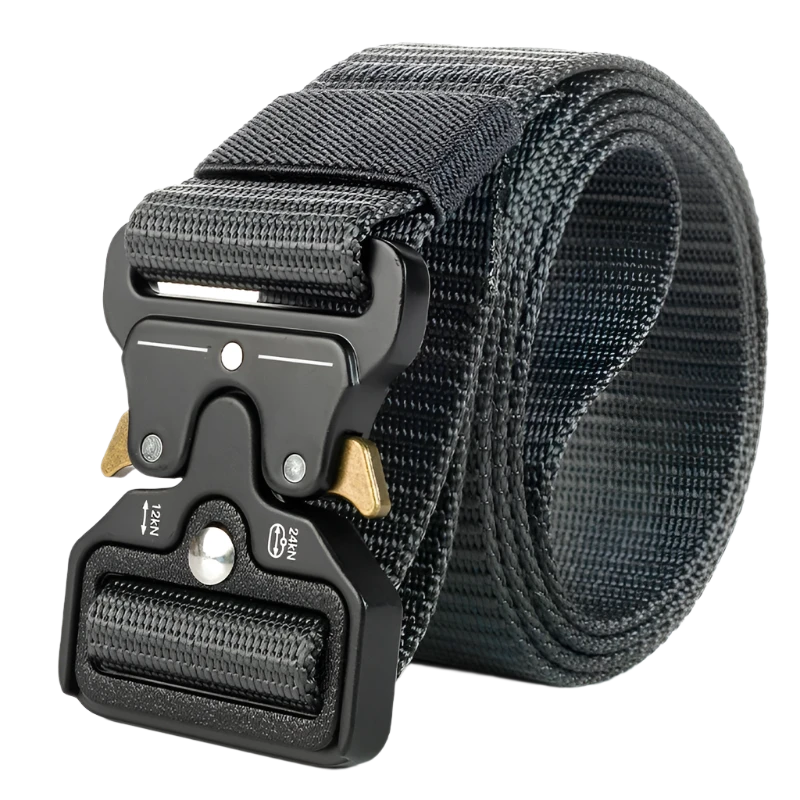 Grey nylon tactical belt with metal quick-release buckle